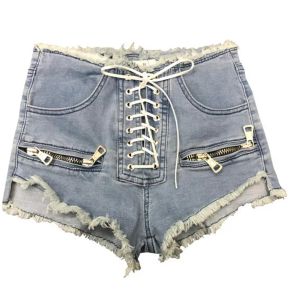 Shorts 2023 Summer New Fashion Zipper Sexy High Waist Female Blue Black Grey College Style Lace Up Korean Denim Shorts L215