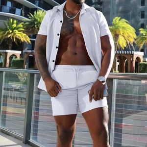 Men's Tracksuits New mens two-piece short button up collar shirt set summer casual short sleeved pocket office set J240305