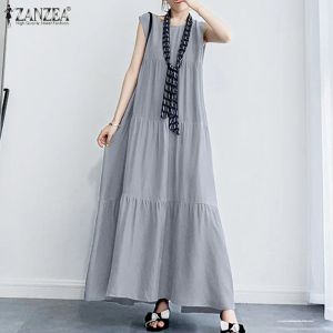 Vestito ZANZEA 2023 STYLish Women's Ruffle Dressing Solid Summer Dress Sleeveless Maxi Vestidos Female O Neck Ovespized Oversized