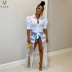 Dress VAZN 2022 Hot List Pachwork Lace Young Sexy Half Sleeve Open Stitch Half Sleeve Shirt Style Women High Waist Long Dress