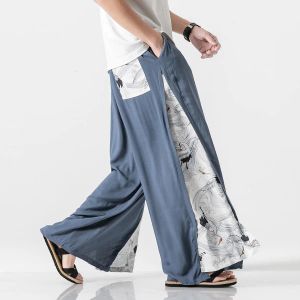 Pants 2023 Cotton Linen Wide Leg Pants Men Women Chinese Style Patchwork Vintage Leisure Trousers Summer Harem Pants Male Baggy Pants