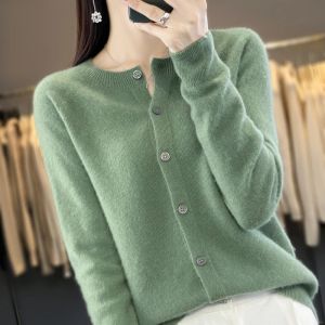 Cardigans outono e inverno feminino novo 100% lã merino cardigan casual tricô moda oneck cashmere suéter