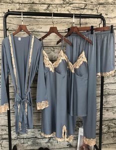 2019 Women Satin Sleepwear 5 Pieces Pyjamas Sexy Lace Pajamas Sleep Lounge Pijama Silk Night Home Clothing Pajama Suit4959554