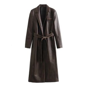 Zach Ailsa Winter Womens Lapel Löst passform med bälte sliten effekt Midlängd Retro Pu Faux Leather Coat 240305