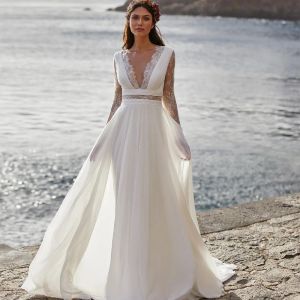 Dresses Bohemian Wedding Dresses for Women 2022 Bride Long Sleeve Vneck Floor Length Chiffon Aline Lace Back Bridal Gowns with Belt