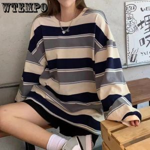 Camisetas wtempo mulheres finas tshirts listradas harajuku pullovers coreano novos casais