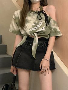 T-shirt Green American Sweet Cool Strap Off Shoulder Short Sleeve Tshirt Women's Summer Short Slim Top