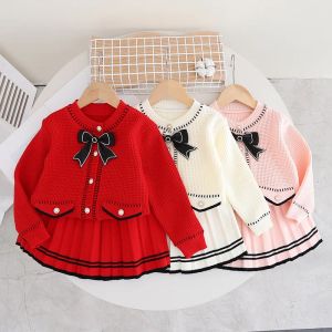 Dresses Baby Knitted Set Skirt Children's Set Contrast Shoulder Short Sleeve Tshirt Shorts Set Girl Princess Dress Autumn and Winter