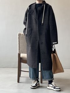 Клетчатое шерстяное пальто для женской зимней тенденции, свободная ткань с капюшоном для студентов, элитное пальто