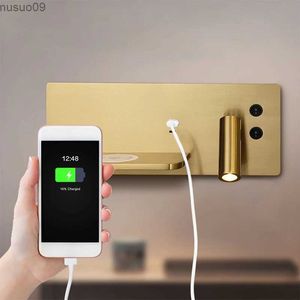 Wall Lamp USB LED Wireless Charging Wall Lamp Gold Luxury Reading Wall Light Home Hotel Bedroom Living Room Multi-Function With Switch