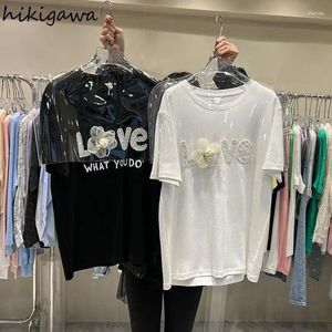 여자 T 셔츠 여성을위한 한국어 대형 tshirts 짧은 슬리브 O- 넥 티 무거운 구슬 y2k 탑 캐주얼 패션 레터 흰색 셔츠