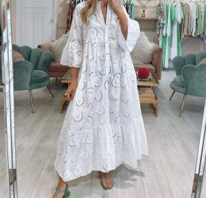 Dress Women Hollow Out Solid Causal White Dress Vneck Flared Sleeve Lace Solid Sexy Long Dresses Female Elegant Streetwear 2023