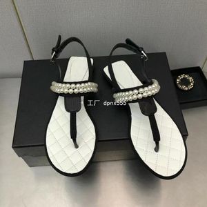 Pearl chain diamond grid clip toe sandals for women in Europe and America 2023 spring/summer new low heel one line buckle women's shoes