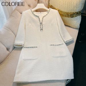 Dress Autumn White Dresses for Women Classy Elegant Vneck Woolen Dress High Quality Luxury Designer Clothing 2023