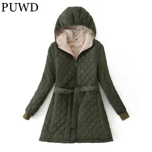 Parkas PUWD Women Hooded Green Quilted Check Cotton Jacket 2022 Spring Plush lining Sashes With Parka Casual Loose Female Chic Outwear