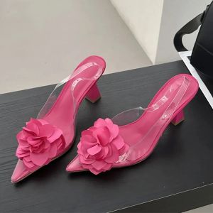 Abiti Décolleté decorativi con fiori di seta Donna 2024 Scarpe estive sexy con cinturino alla caviglia Abito da festa in PVC Punta a punta Tacchi alti fioriti trasparenti