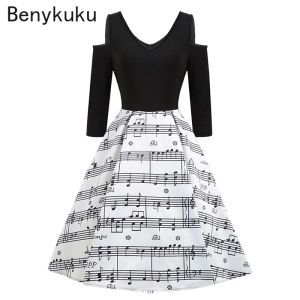 Dress Music Note Print Vneck Vintage Dress Summer Long Sleeve Rockabilly Pin Up Party Dress Women Sexy Cold Shoulder Womens Clothing