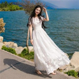 Abito Abiti a maniche corte Donna Spiaggia di pizzo Elegante Vacanza Solido Bianco Semplice Allentato Casuale Abbigliamento da donna sexy Estate Hot College