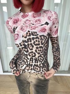 Rose patchwork leopard print tirt for Women Slim o Neck Long Sleeve Strecth Corean Fashion Tops Vintage Graphic Y2K Clothes 240219