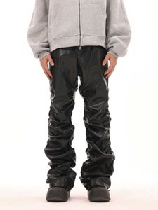 Calças masculinas BTSG nicho hip-hop plissado preto empilhado calças de couro PU com uma sensação de alta qualidade hip-hop calças slim fit