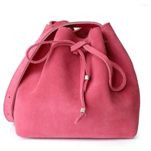 Sacos de noite Nubuck Couro Bolsa Feminina 2024 Vintage Plissado Cordão Bucket Único Ombro Diagonal Cruz Bolsa