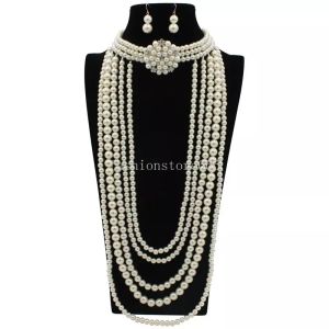 New Fashion Accessories Women Long Pearls Necklace With Diamond Inlaid Pearl Flower Necklace Pearls Earrings Long Sweater Chain