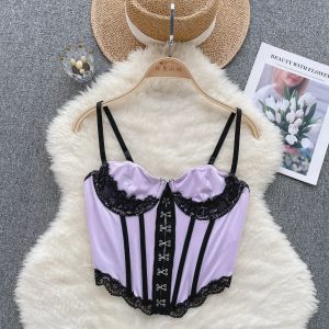 Camis Kadın Seksi Satin Camis Düzensizlik Dantel Mahsul Üstü Tek Kesikli Mor Tank Tops Elegance Solsuz Sırtsız Tunik