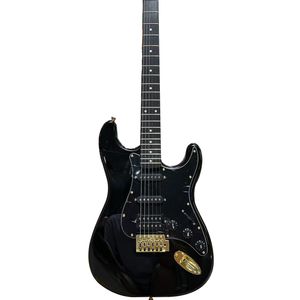Chitarra elettrica ST, colore nero, corpo in mogano, hardware dorato, chitarra a 6 corde,