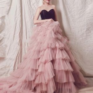 Dresses Elegant Rose Pink Long Prom Skirt Tulle Tiered Ruffles Women Maxi Skirts Formal Gown Sweep Train Tulle Wedding Skirt Saia Custom