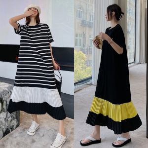 Klänning koreansk stil klänning 2022 ny kvinnas sommarklänning kort ärm kvinna mode randig lapptäcke långa maxi klänningar mode vestidos