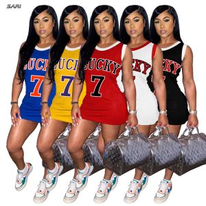 Dress Summer Women Mesh Dress Campus Style Letter Print Simple Sports Tank Top Mini Skirt Fashion Round Neck Sleeveless Sexy Clothing