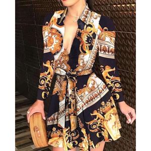 Sexig tryckt V-ringklänningar Kvinnor LACE UP Knapp Down Chain Print Lapel Neck Party Dress Casual Long Sleeve and Sleeveless Fashion High Quality Shirt