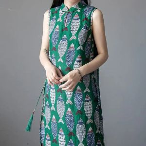 Dress Vintage Women Dress Cotton Linen Style Summer 2024 Sleeveless Loose Waist Button Fish Printed Dress Robe ALine MidCalf Dresses