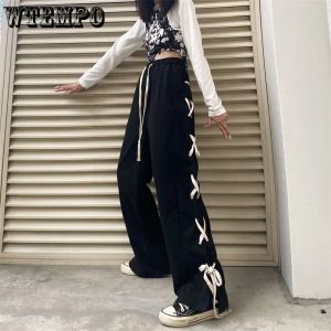 Capris wtempo sidobandage design hög midja breda ben byxor kvinnor avslappnade byxor harajuku allmatch vintage y2k byxor streetwear