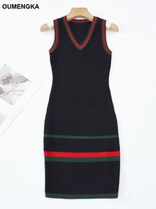 Dress Simple Fashion Korean Women Sleeveless Dress Sexy Vestidos New Clothes V Neck Black Stripe Knitted Tank Dresses Casual All Match