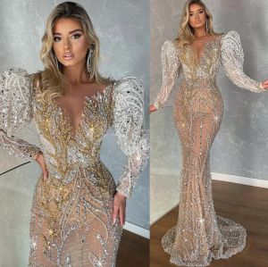 2024 Plus -storlek arabisk aso ebi lyxig glittrande sjöjungfru bröllopsklänning pärlstav kristaller spets brudklänningar klänningar