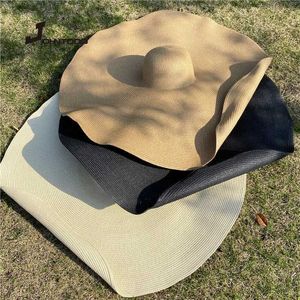 Wide Brim Hats Bucket Hats 70cm summer beach sun hat with UV protection 35cm wide Brim foldable straw hat oversized foldable sun hat J240305