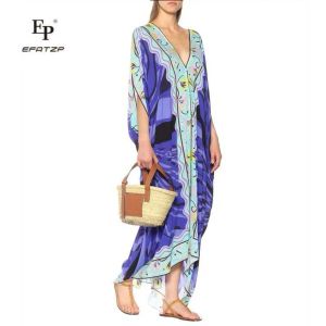 Dress EFATZP Silk Jersey Dress Women's Plus Fat Plus Loose Kaftan Style, Elastic Knitting Beautiful Blue Print VNeck Long Dress