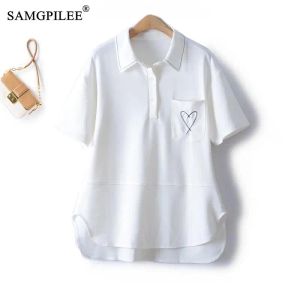 Shirts Summer 2023 Korean Fashion Mid Length White Tshirt Turn Down Collar Loose Peach Heart Pattern Round Swing Polo Shirts For Women