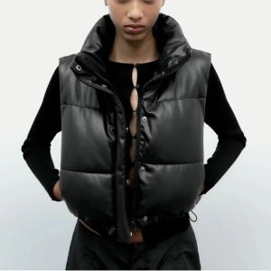 Waistcoats Womens Pu Leather Puffy Vest Lightweight Down Black Jack -kappa Vintern Outwear Puffer Vest Kvinnlig ärmlös vadderad jacka