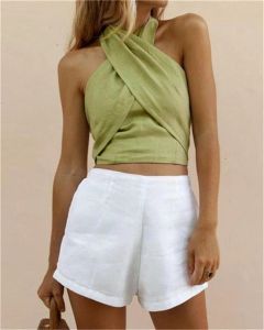 Camis Women Criss Cross Tank Summer Topps Sexig ärmlös halterhals Topp Solid Color Crop Top Bandage Vest Kvinnliga outkläder kläder