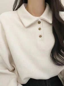 Gömlek Polo T Shirt Kadınlar Sonbahar Kış Peluş Peluş Külot Bayanlar Kore Moda Gevşek Üstler Kadın Tepeli Stil Gündelik Uzun Kollu Tshirt