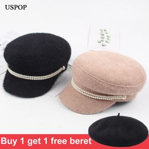 USPOP New Winter Caps Women Newsboy Caps 여성 진주 밍크 헤어 군용 캡 빈티지 플랫 상단 두꺼운 따뜻한 모자 201013278o