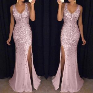 Kleid Sexy Langes Glitzer-Pailletten-Rosegold-Partykleid für Damen, elegantes Ball-Abendkleid, Brautjungfern-Pailletten-Abschlussball-V-Ausschnitt-Frauenkleid