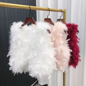Fur Luxury Vneck Autumn High Waist 3D Ostrich Feather Vests Faux Fur Petals Waistcoat Flocking Cardigan Furry Jacket Chaquetas
