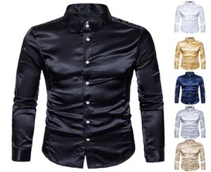 Moda masculina039s camisas de cetim de seda manga longa cetim suave topos simples negócios babados vintage casamento smoking camisas formais t202190133