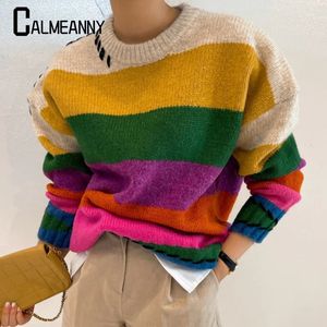 المرأة الحياكة سترة 2023 الشتاء الموضة متعددة الفضفاضة خمر النقيض pullover rowen الرقبة طويلة الأكمام سفن مخططة 240301