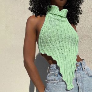 Pullovers Stylish Lady Sticked Backless Sweaters 2022 Autumn Women Turtleneck ärmlös Solid Club Party Street Crop Tank tröja Toppar