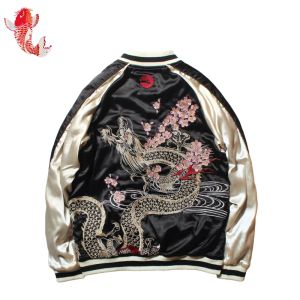 Jackets 2020 New Spring Autumn Women's Cherry Dragon Embroidered Both Sides Wear Bomber Jacket Men and Women Couples Baseball Coat