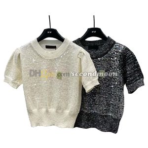 Glänzendes Pailletten-T-Shirt für Damen, Frühling und Sommer, Strickwaren, kurzärmeliges Strickoberteil, mit Buchstaben bestickte Strickwaren